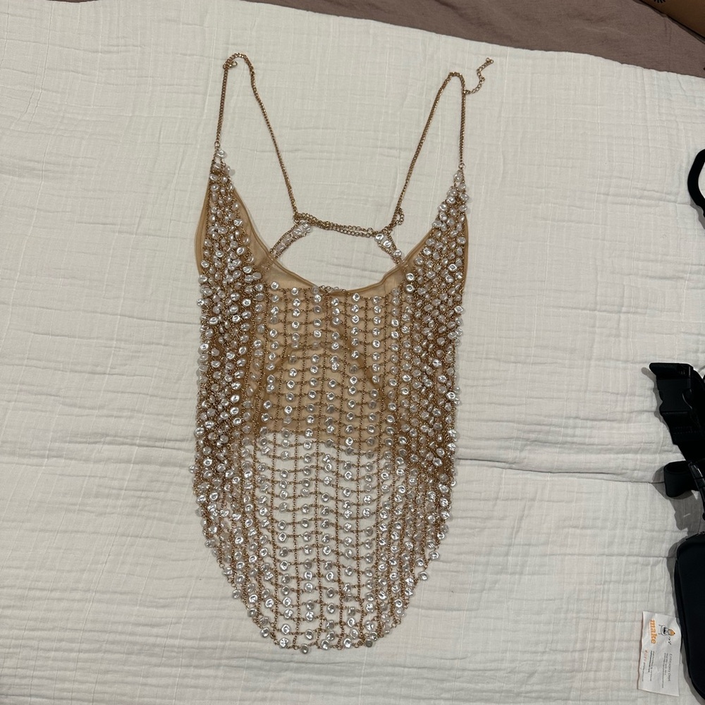 JLUXLABEL Tan and Silver Embellished Top